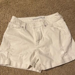 Distressed High Rise White Stretchy Cuffed Shorts